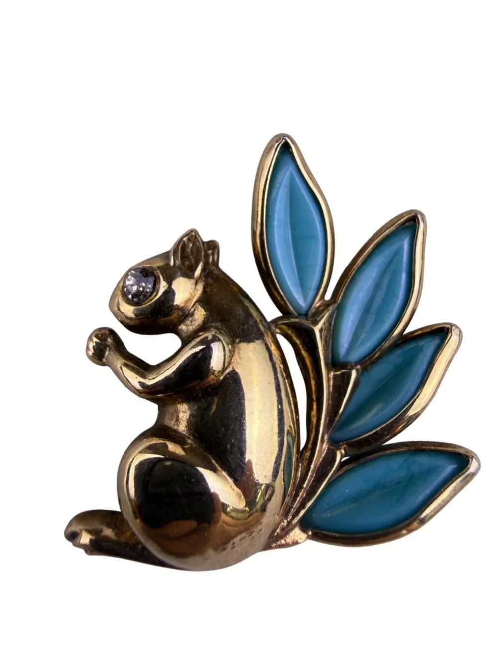 Crown Trifari Womens Gold Tone Blue Glass Squirrel Brooch Vintage Style